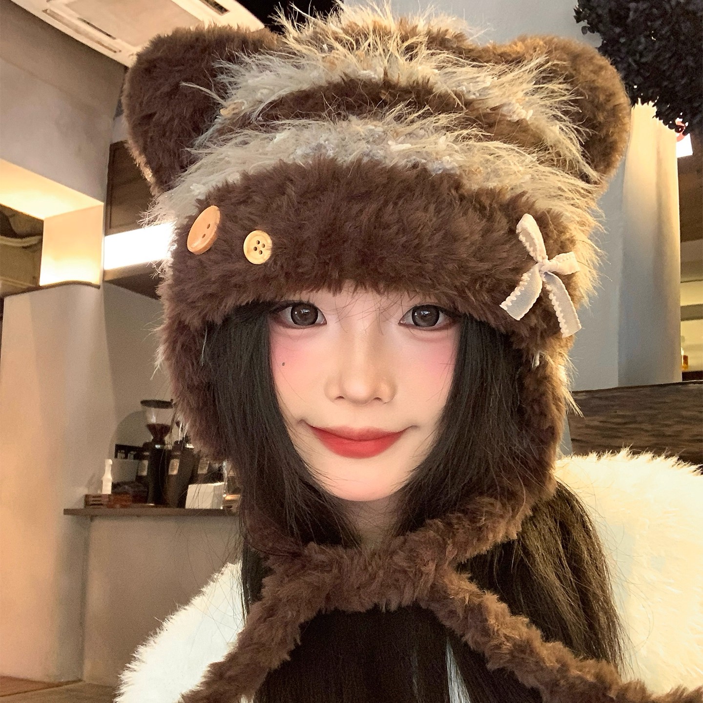 甜美可爱猫耳朵蝴蝶结毛绒帽子女2025新款秋冬保暖显脸小护耳帽潮