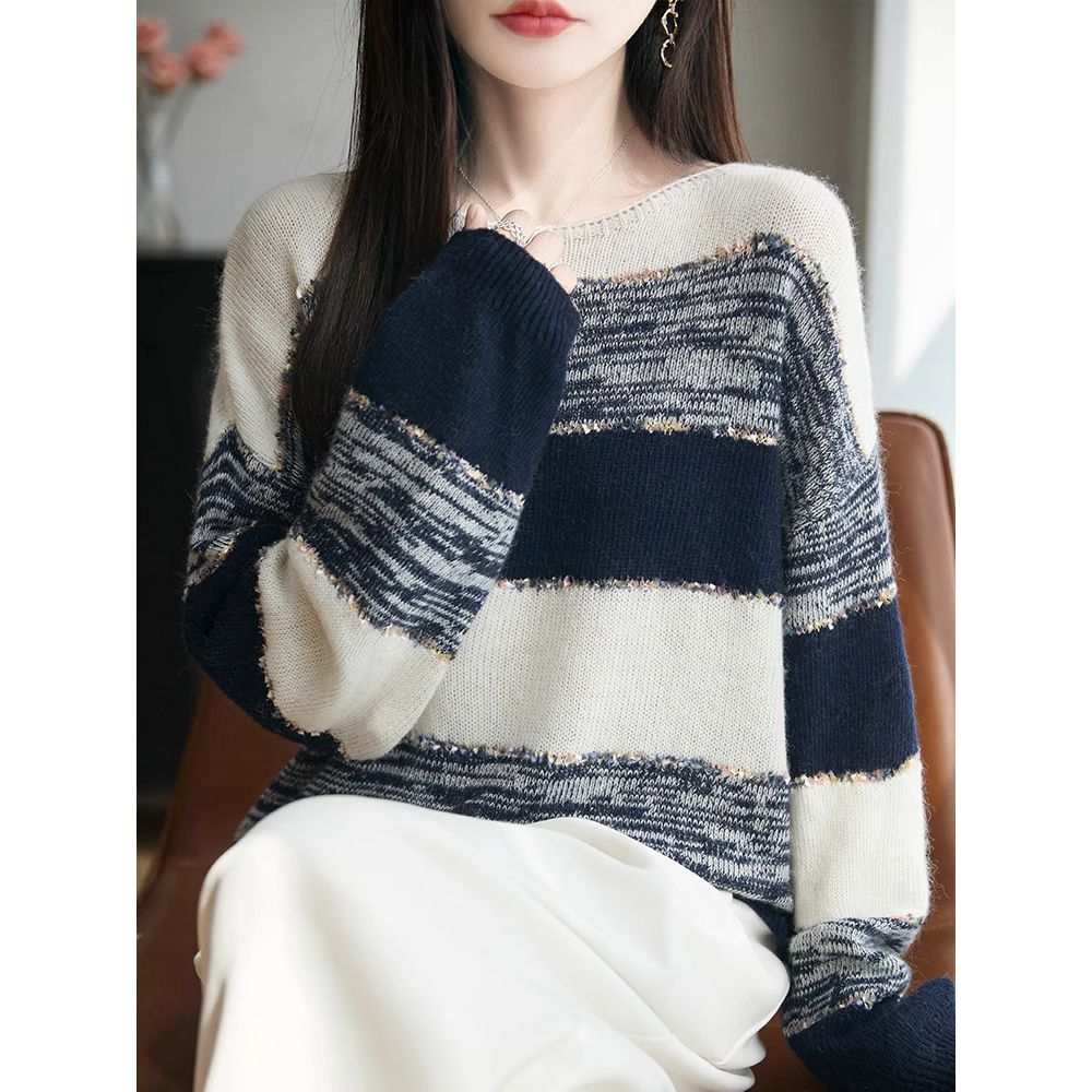 慵懒风复古条纹撞色加厚毛衣女秋冬保暖圆领长袖宽松外穿针织毛衫