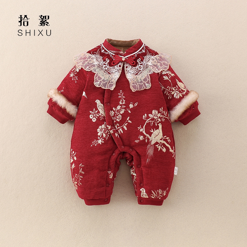 婴儿衣服冬装加绒连体衣棉服百天女宝宝新中式汉服公主棉衣拜年服