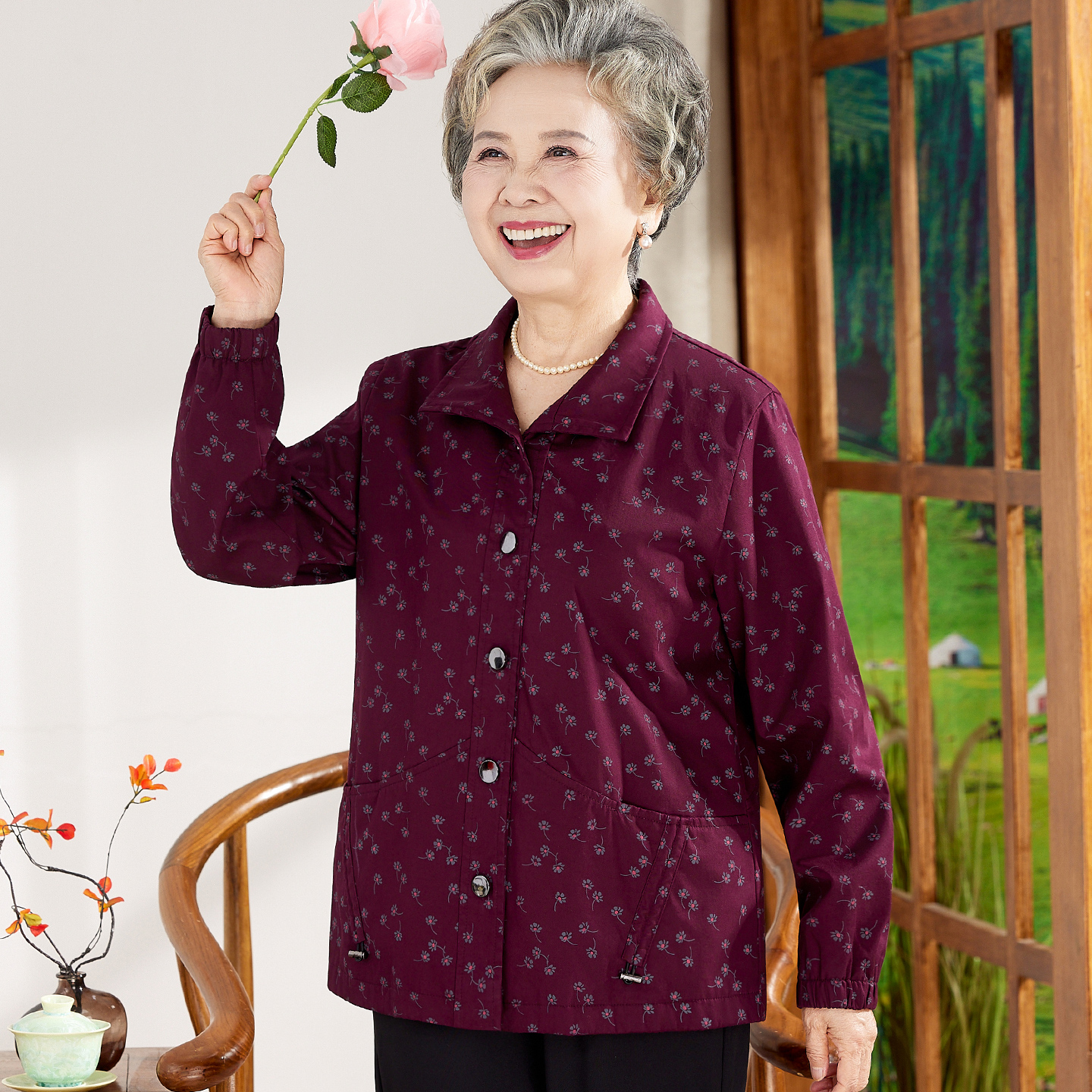 中老年人女装奶奶春秋100%纯棉外套短款休闲上衣妈妈夹克奶奶风衣