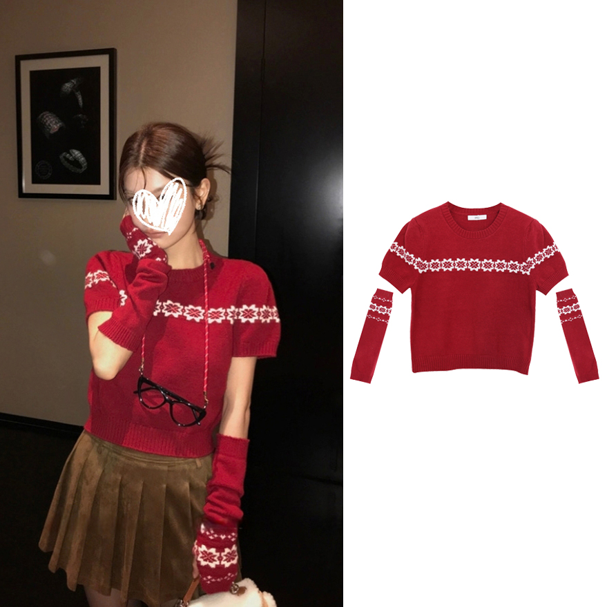2455#圣诞费尔岛针织衫短袖复古毛衣提花袖套短款显瘦上衣