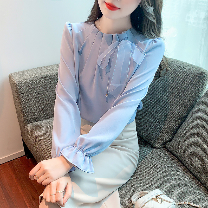 实拍现货~雪纺衫女上衣2025秋装新款蝴蝶结长袖洋气小衫衬衫