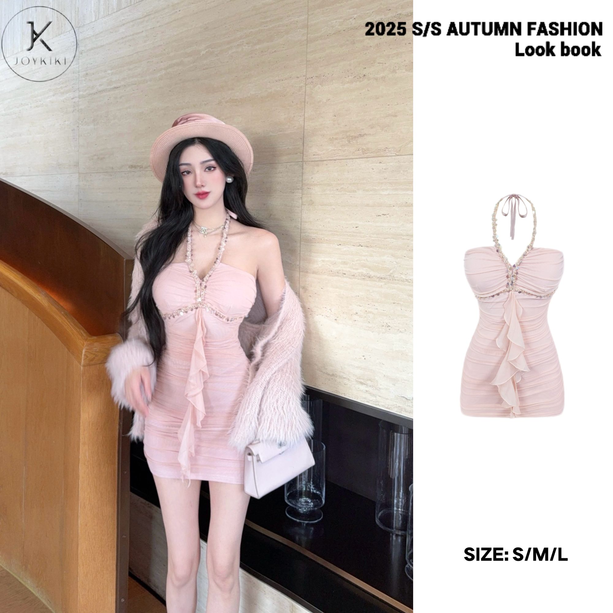 JOYKIKI金金 【浓情蜜语】秋季气质拼接亮片设计挂脖连衣裙J25C441