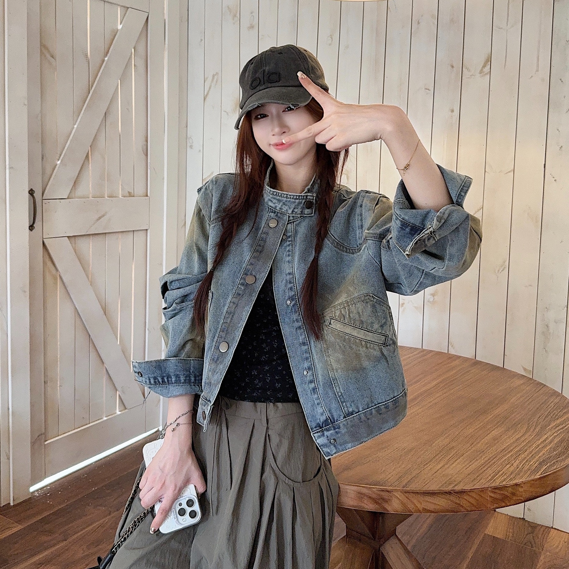 欧若风早春新款小众设计美式复古做旧风涂鸦漆宽松牛仔外套8715