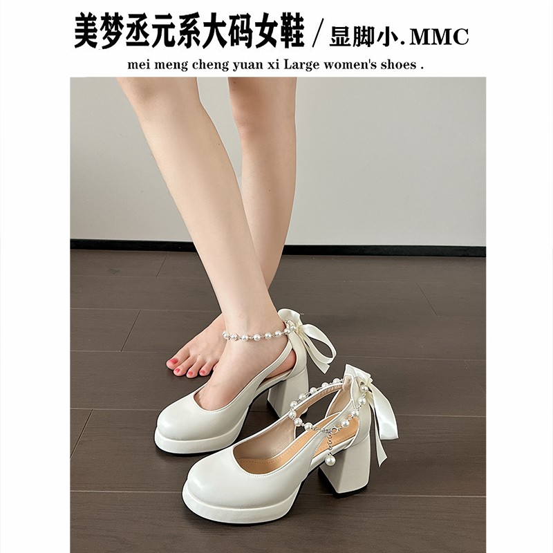 法式绝美气质玛丽珍鞋女珍珠蝴蝶结一字扣带粗跟高跟鞋宽胖脚女鞋