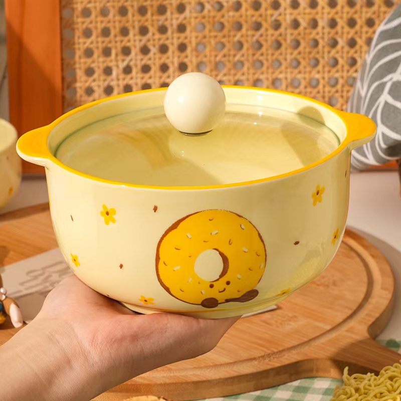 【带盖泡面碗】茶语甜心陶瓷泡面碗带餐具学生宿舍耐高温防烫双耳