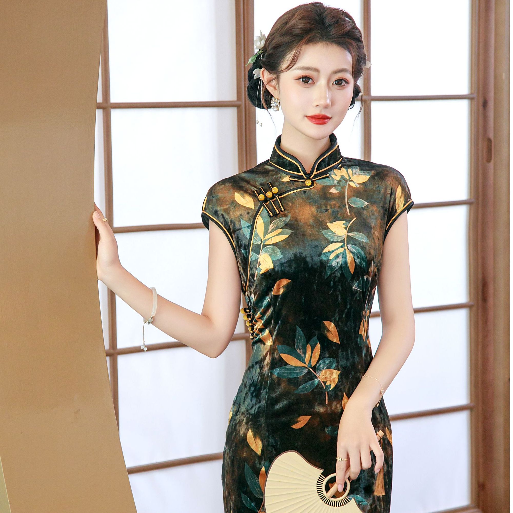 墨染缤纷新款手工长款中式旗袍钻石绒遮肚子显瘦气质日常中国风