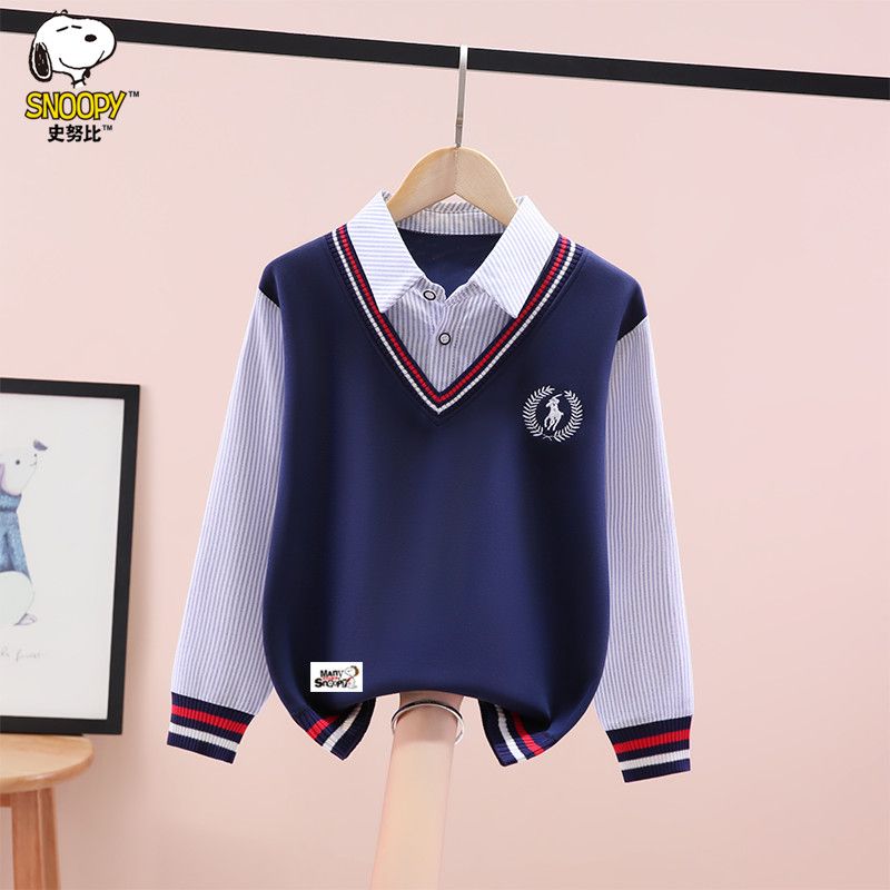 史努比男童假两件卫衣2025春秋新款洋气中大童男孩休闲百搭打底衫
