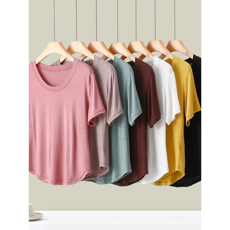 莫代尔短袖T恤女夏季新款韩版圆领修身圆弧褶皱上衣内搭女打底衫