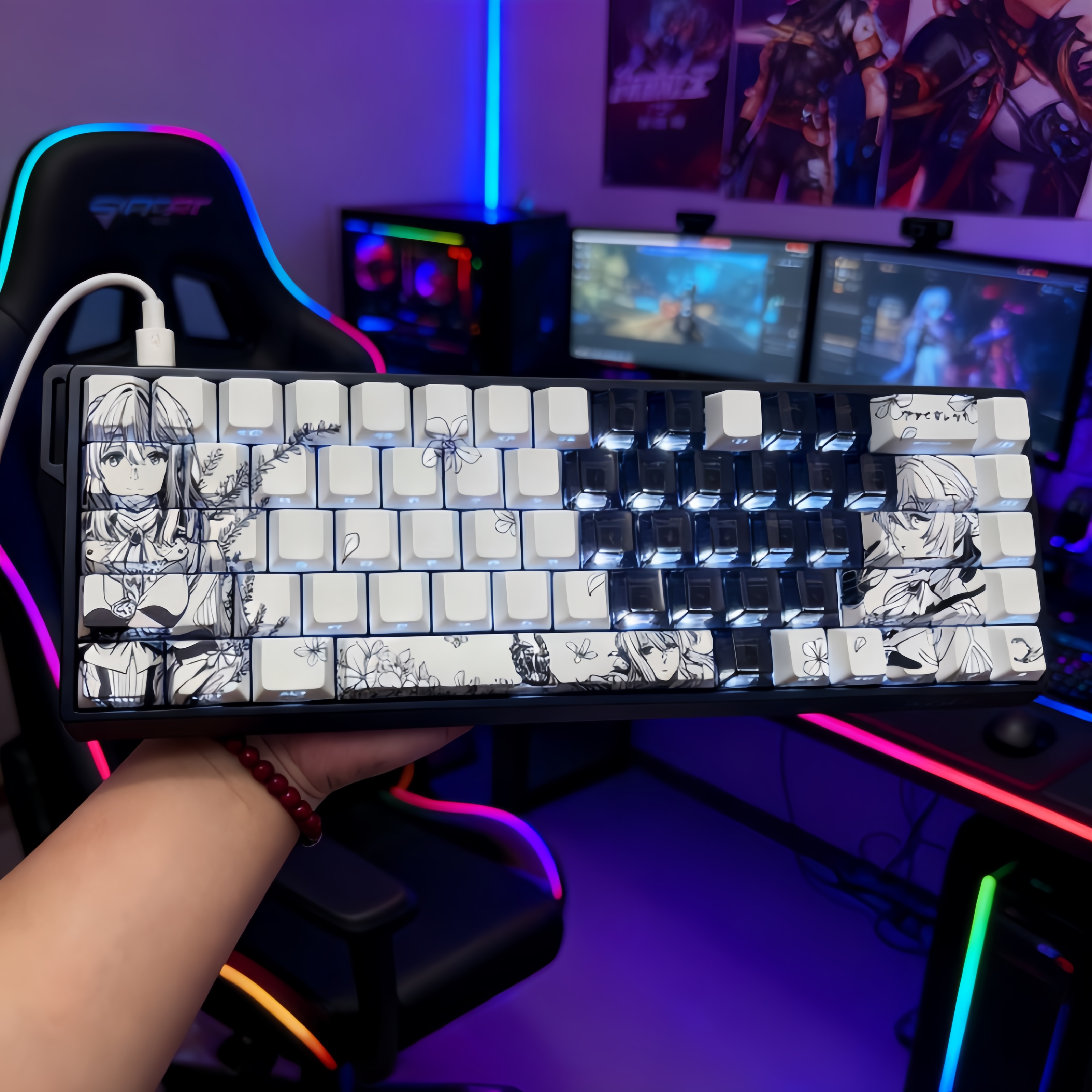 薇尔莉特加黑爱心透明键键帽原厂高度PBT侧刻透光适配60 68 75 87