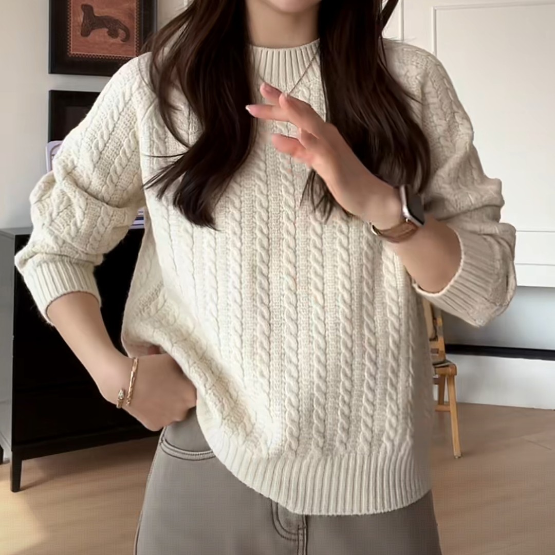 【斐丽轩】冬季时尚百搭小圆领麻花针织毛衣-YHW51166