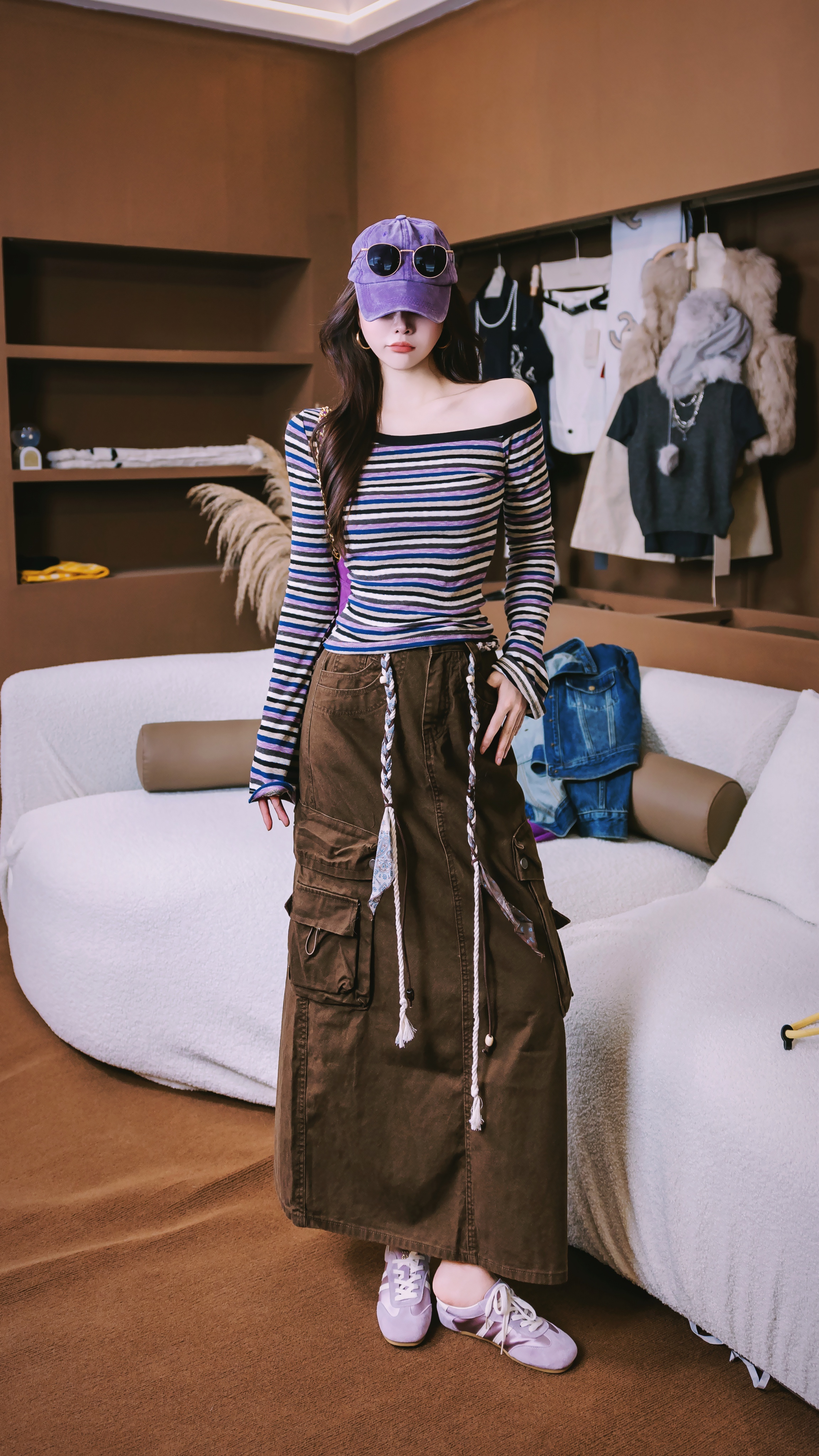 SISTER姐妹家时髦洋气斜肩撞色条纹针织衫宽松显瘦工装牛仔半身裙