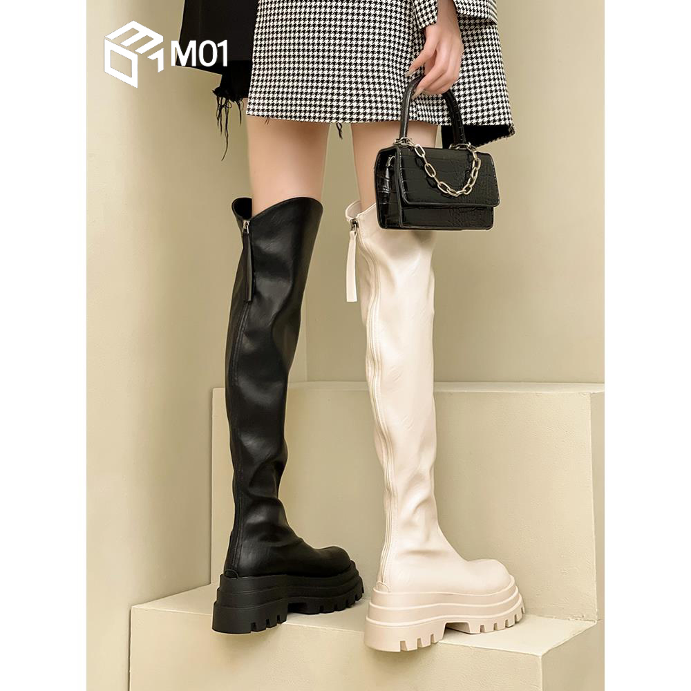 M01时尚过膝弹力靴女2025秋季小个子显瘦长筒骑士靴粗跟高筒长靴
