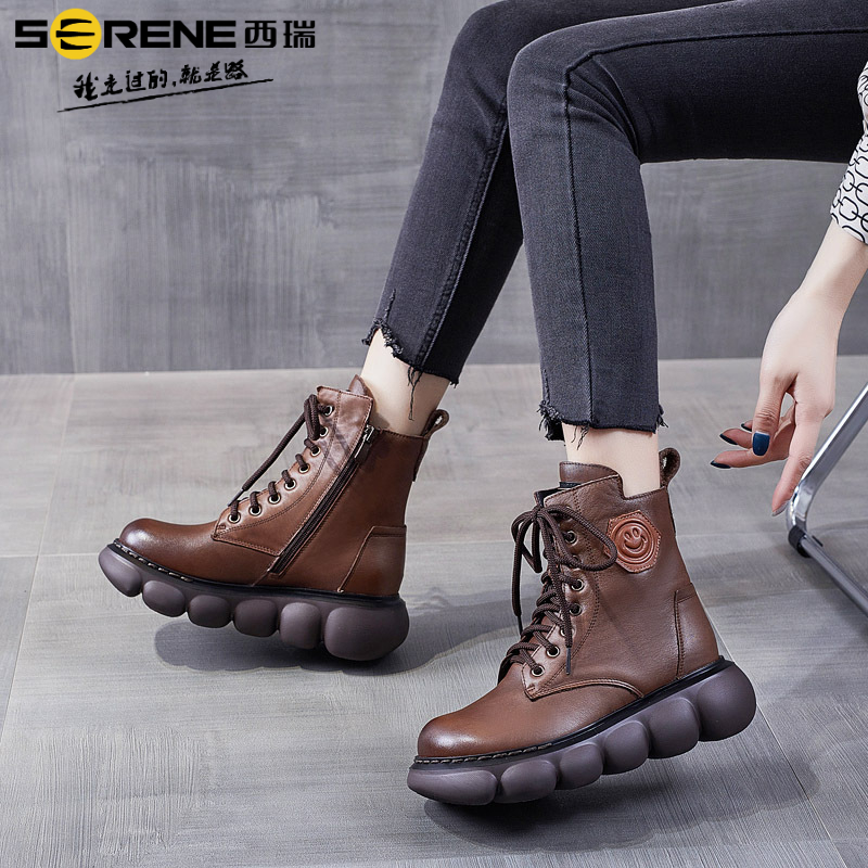 西瑞女鞋复古冬季厚底百搭软底英伦风马丁靴新款休闲系带民族风