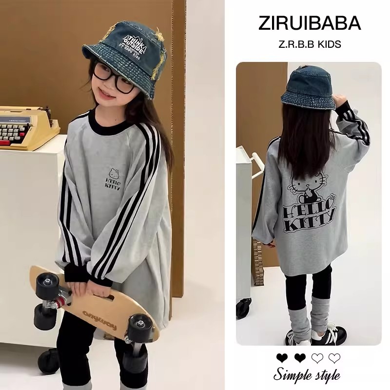 韩版印花女童套装2025新款小女孩秋季洋气长袖上衣儿童黑色打底裤