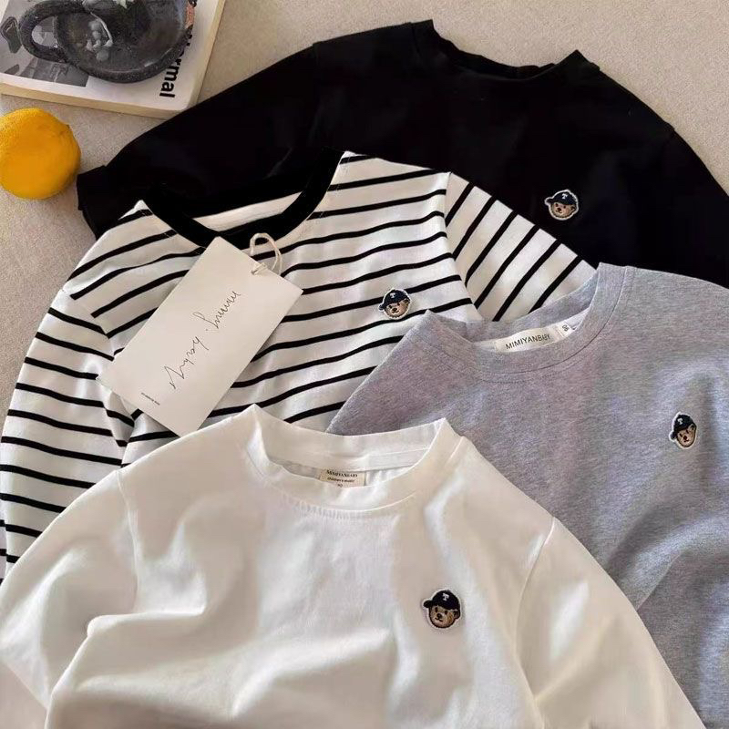 儿童刺绣小熊T恤纯棉2025春秋新款男女童上衣长袖宝宝条纹打底衫
