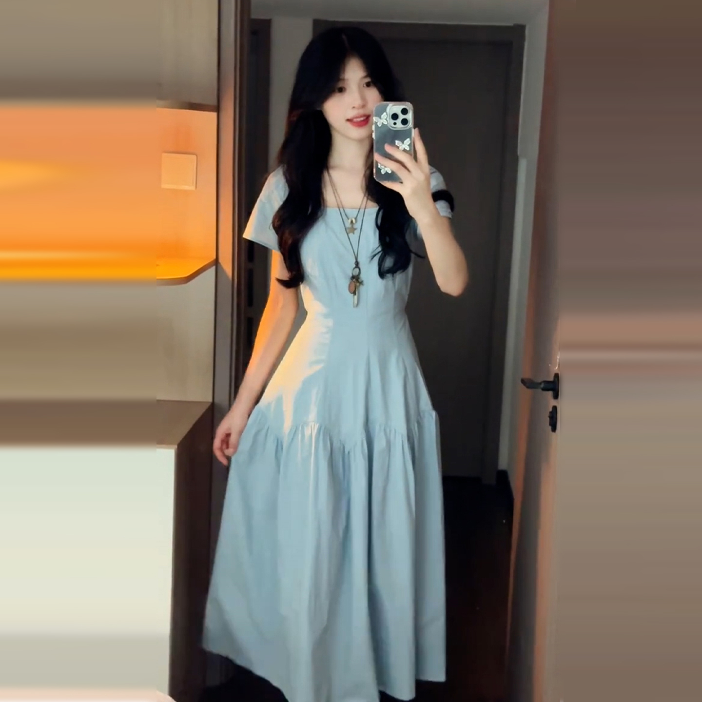 【现货+运贴5米】蓝色方领连衣裙夏法式温柔风夏日气质显瘦裙5677