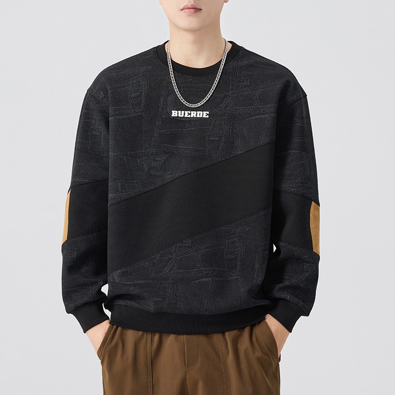 九牧提花撞色拼接卫衣男士秋冬新款潮牌大码休闲长袖秋冬加绒衣服