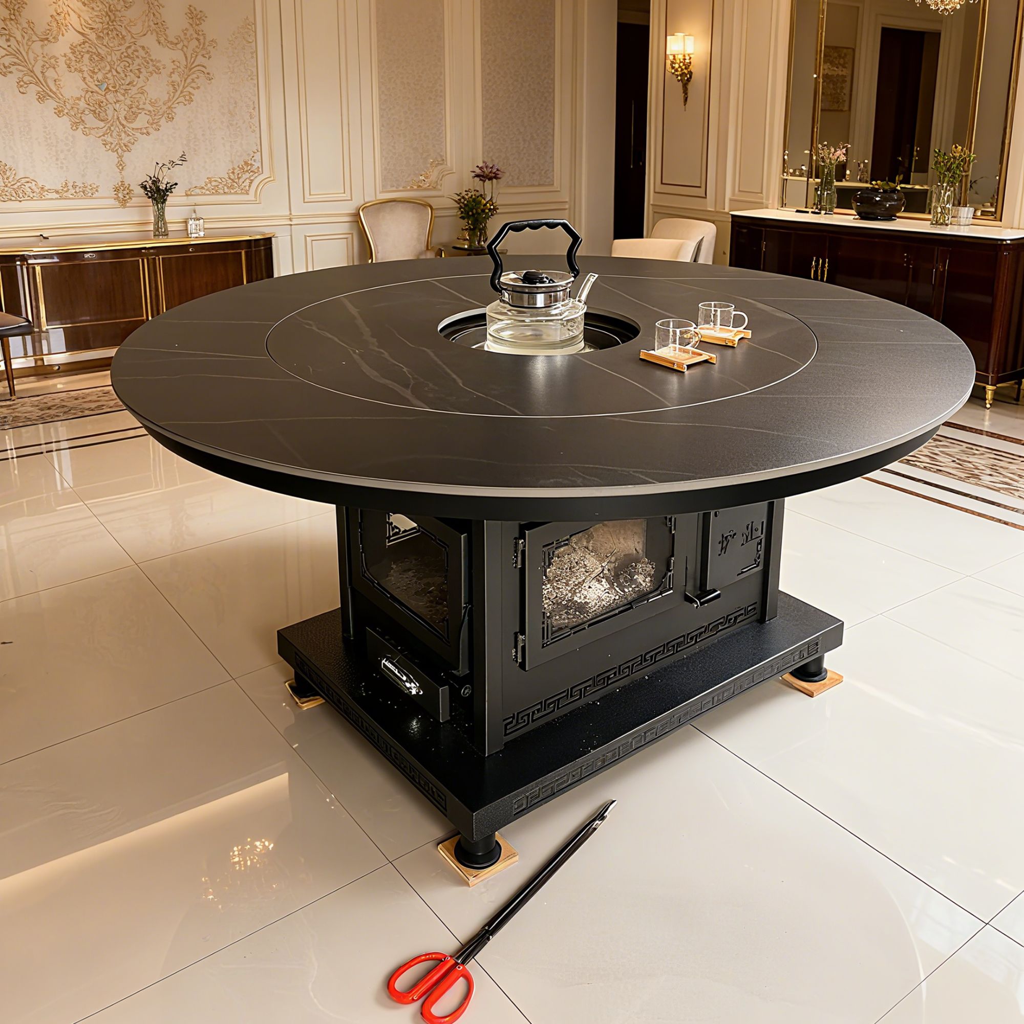 三面观火壁炉餐桌新款柴煤碳三用无烟气化炉农村家用取暖炉