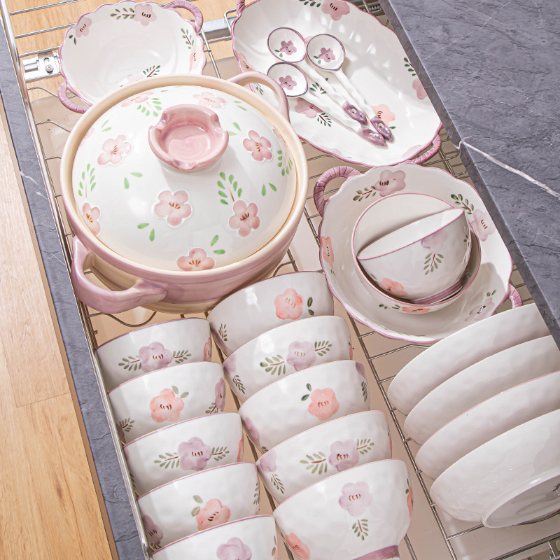 紫萱花碗高颜值釉下彩陶瓷餐具 碗盘子家用饭碗汤碗双耳网红可爱