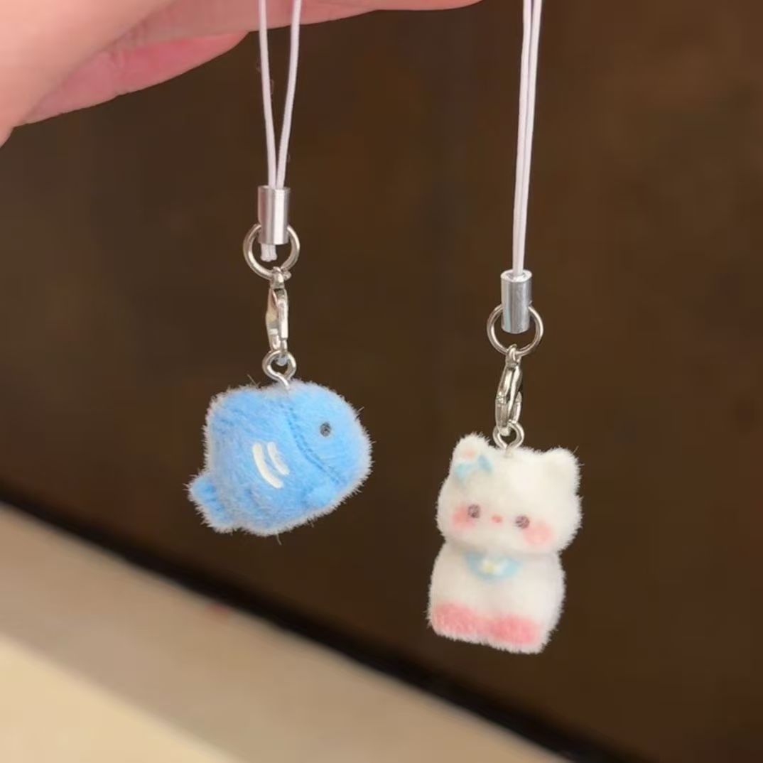 可爱卡通猫咪小鱼挂件超萌植绒立体包包钥匙扣情侣闺蜜手机绳挂饰