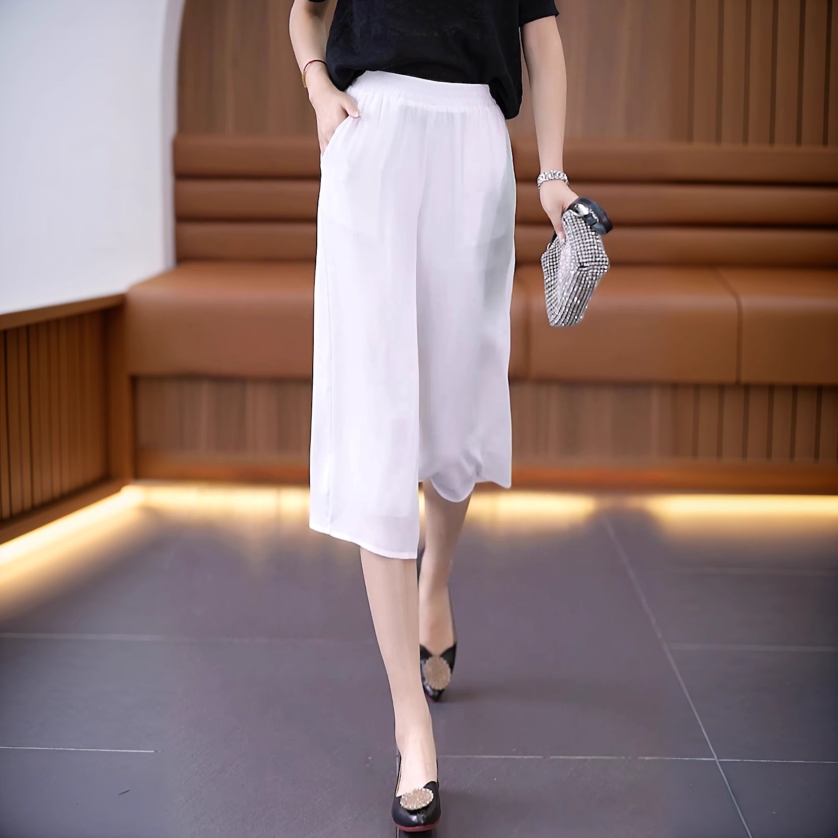 白色女士阔腿裤2025新款小个子七分裤子高腰显瘦垂坠感百搭直筒裤
