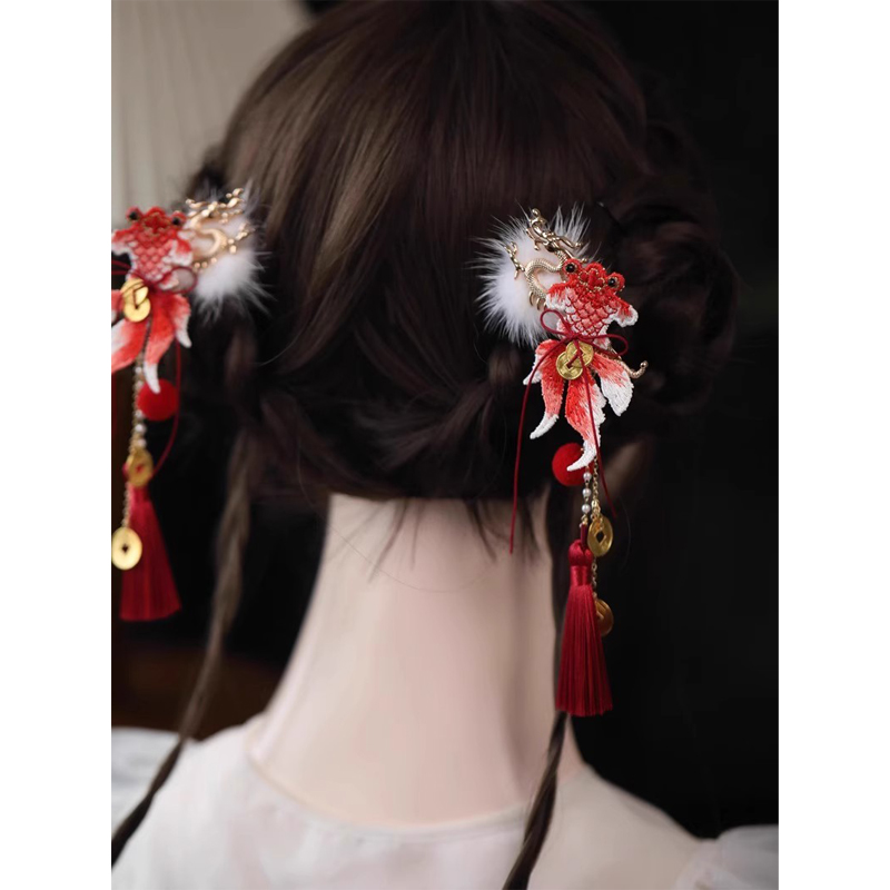 新年国潮红色锦鲤发夹可爱发饰双马尾夹子古风lolita流苏汉服头饰