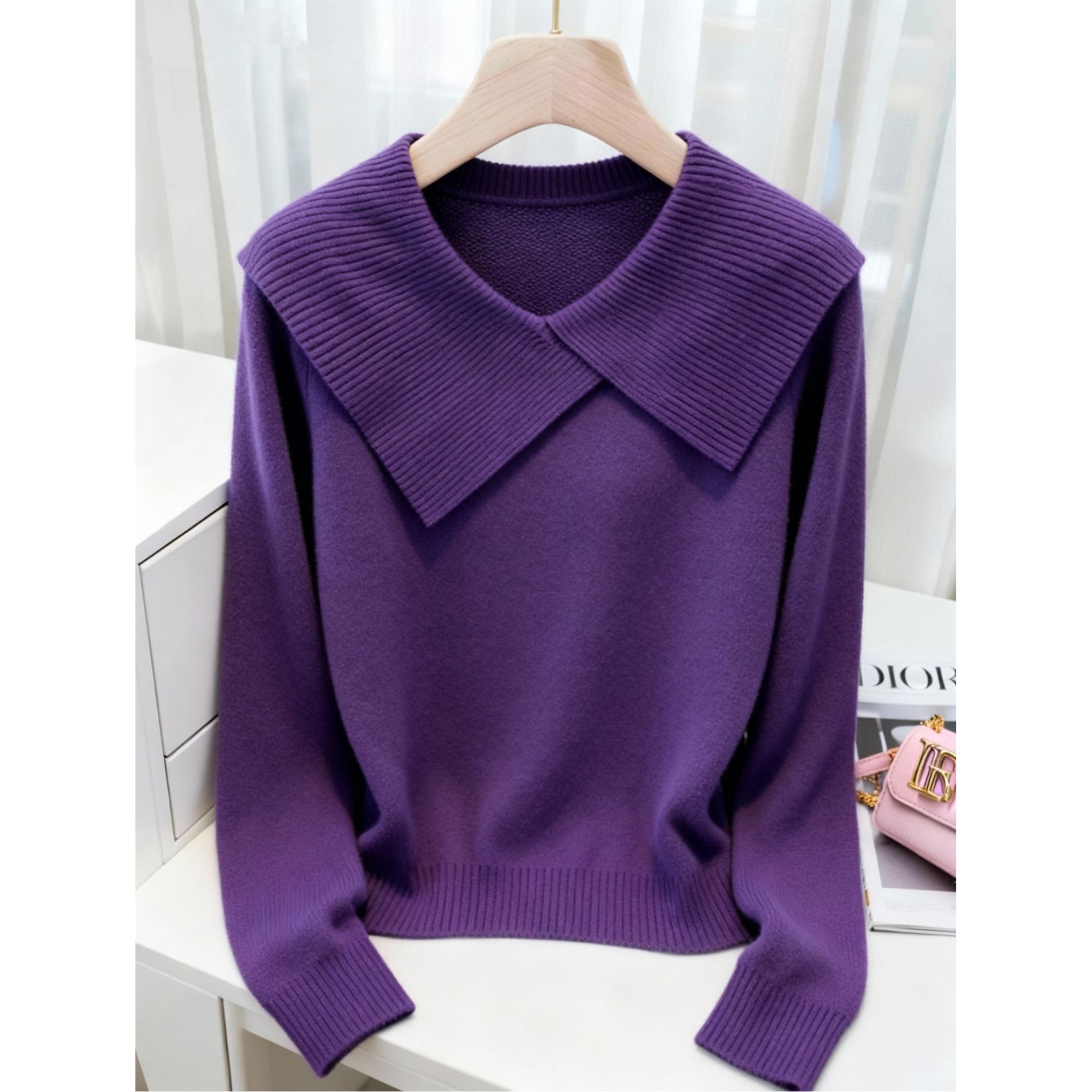 紫色翻领针织衫上衣女2025秋冬新款法式轻熟风高级感洋气时尚毛衣