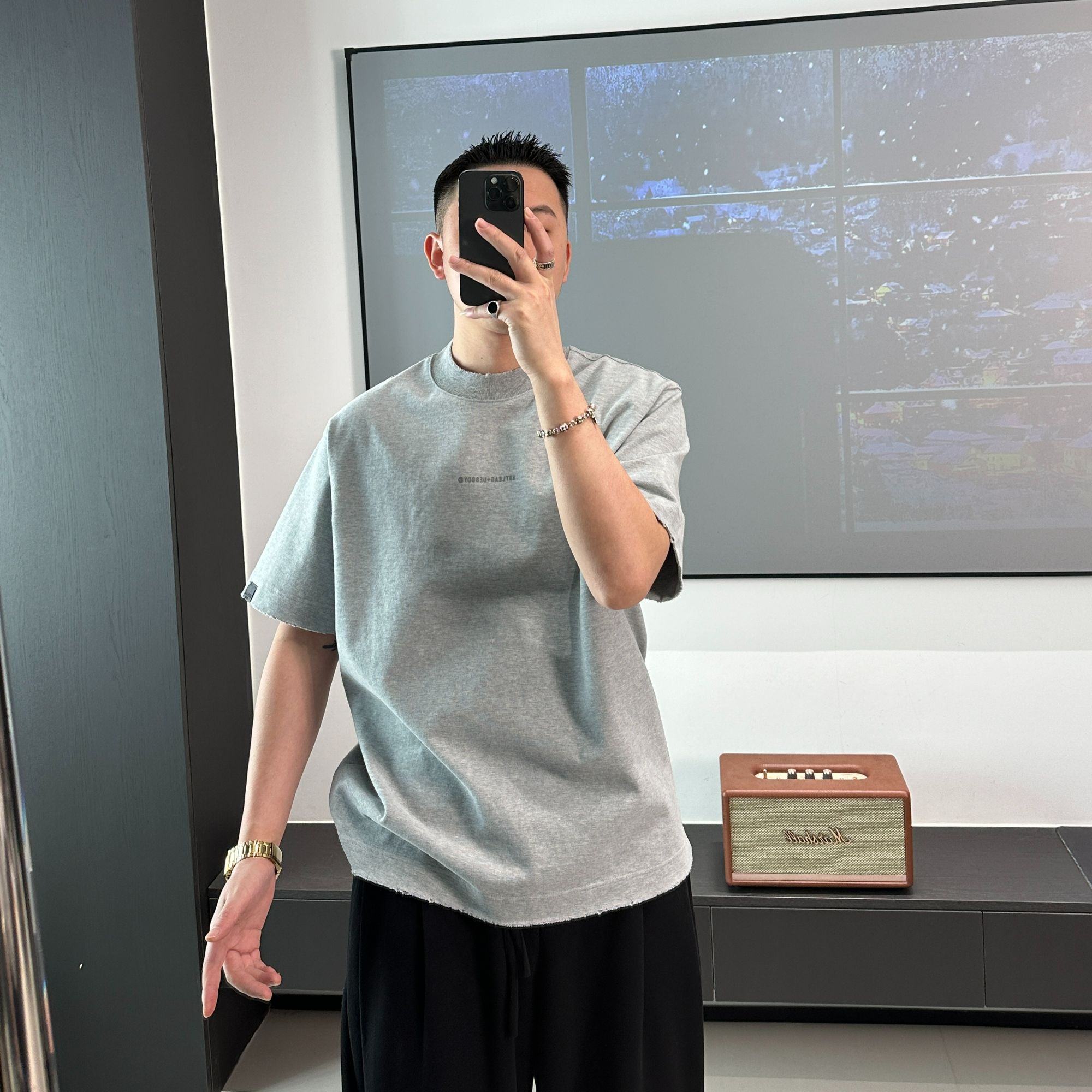 CHUJIE韩版早春重磅字母磨破百搭宽松简约休闲短袖