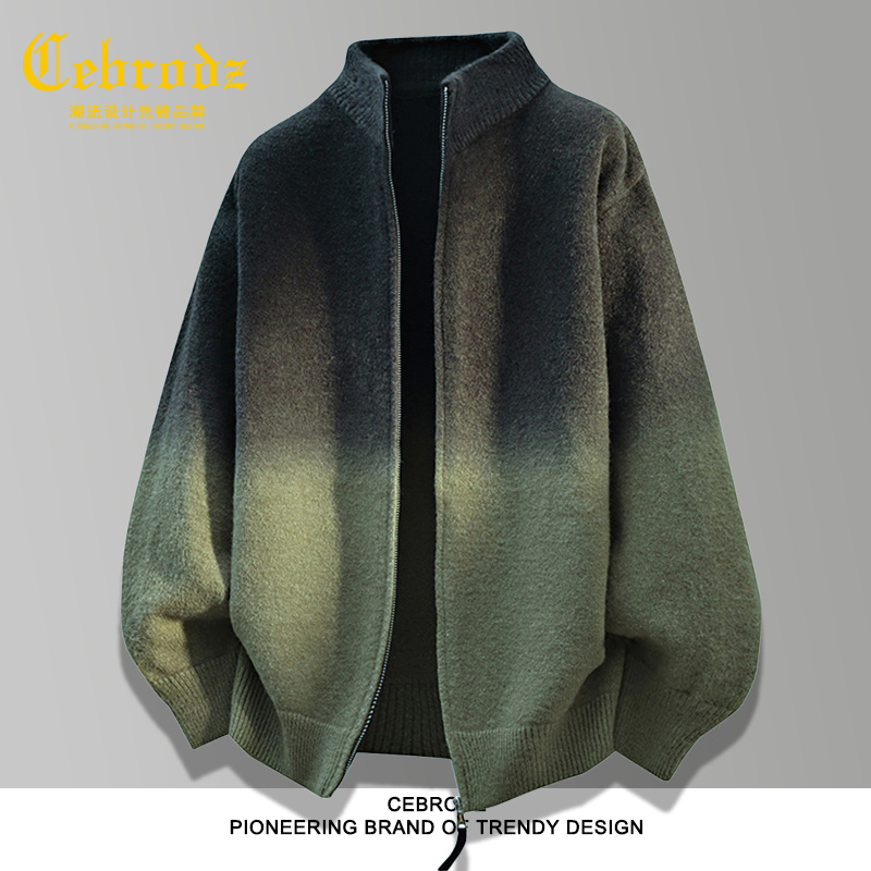 法国Cebrodz渐变色毛衣男士秋冬季潮牌宽松复古针织衫潮商务外套
