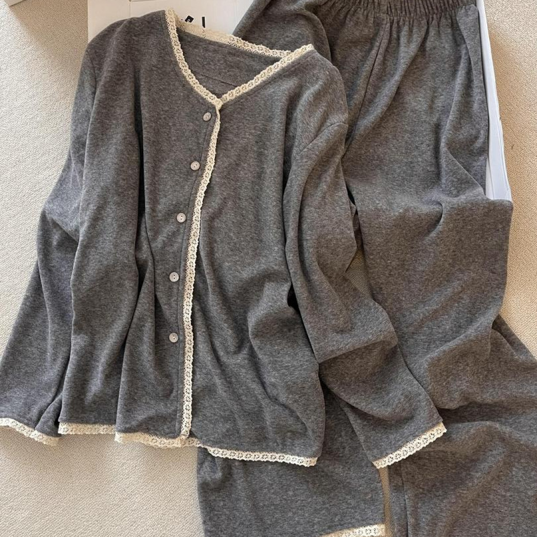 少女简约花边加厚德绒睡衣女冬季新款亲肤舒适长袖长裤家居服套装