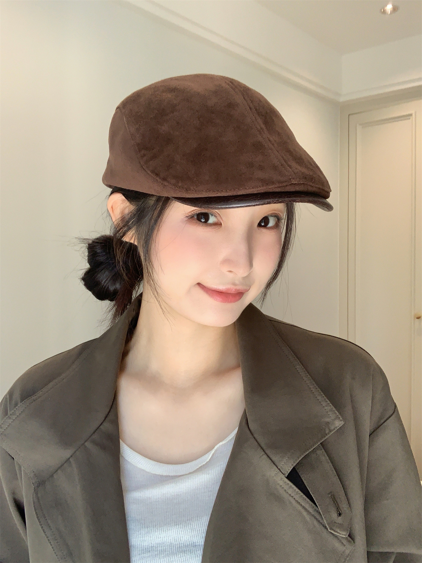 港式酷妹~新款秋冬麂皮老钱风气质前进帽女复古百搭时尚贝雷帽子