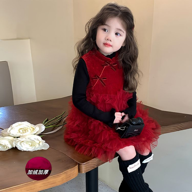 女小童2025秋冬新款加绒新中式蛋糕公主纱裙套装女宝宝加厚年服裙