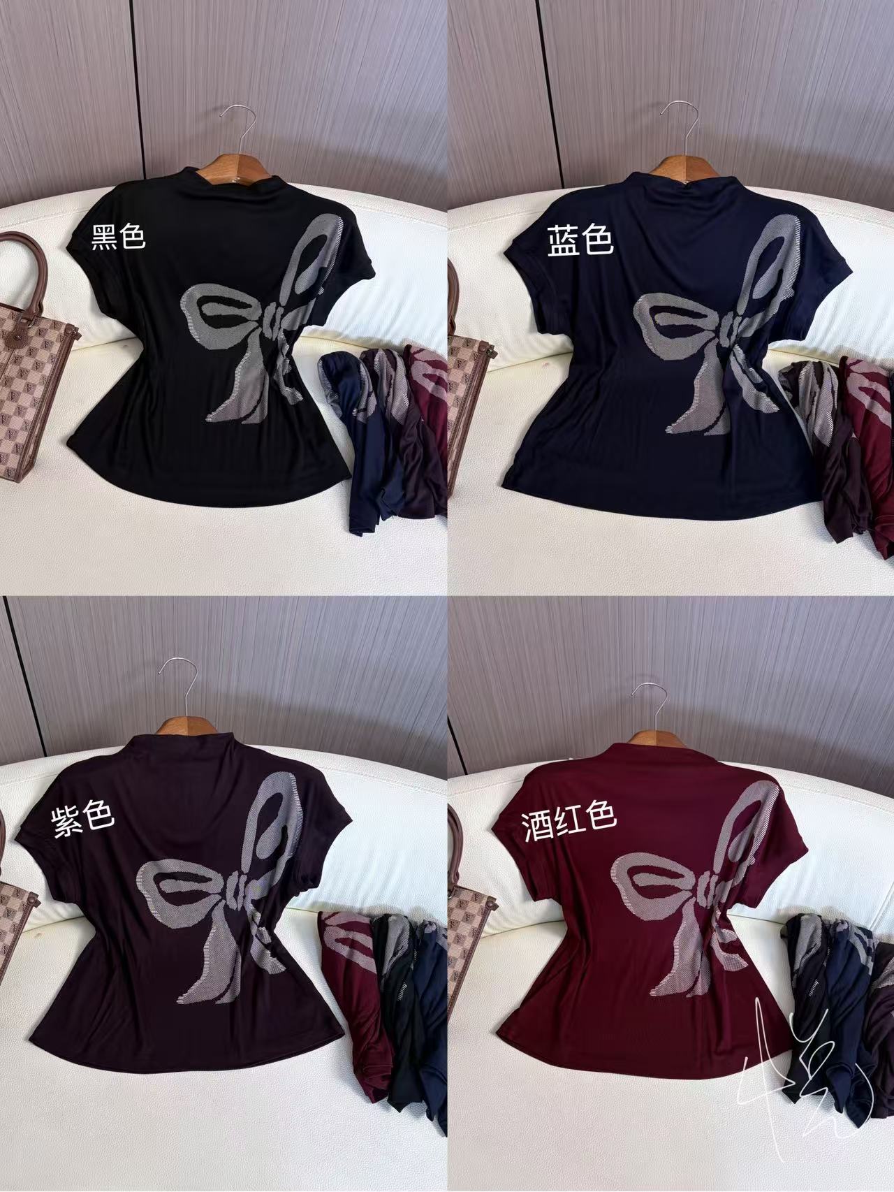 2025年夏季新款时尚气质圆领侧边蝴蝶结图案百搭显瘦短袖T恤上衣