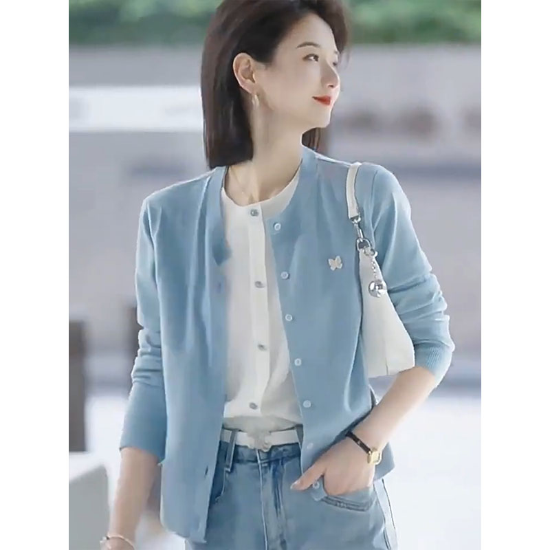 蓝色假两件设计感毛衣针织开衫女春季新款别致知性女装外套上衣潮