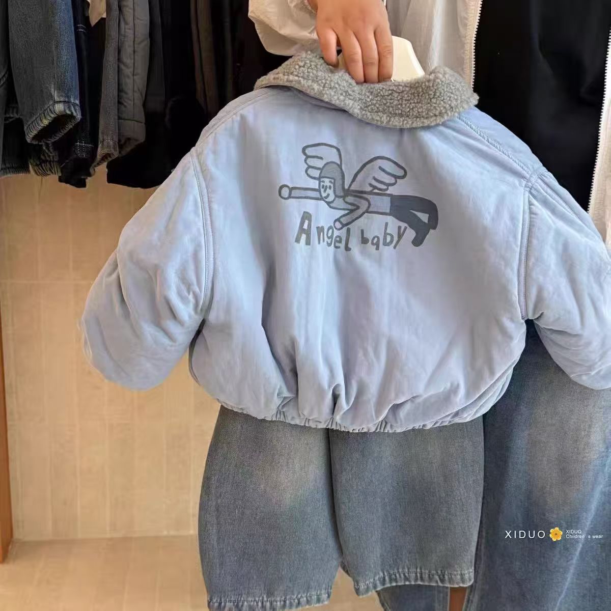 蓝色加绒外套男童女童韩版棉服翻领秋冬季儿童时尚短款保暖上衣