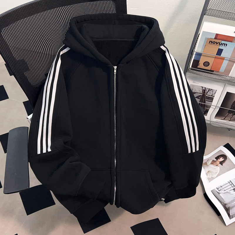 jtrt国潮牌纯色三条杠开衫卫衣男女秋冬宽松休闲风基础款拉链外套