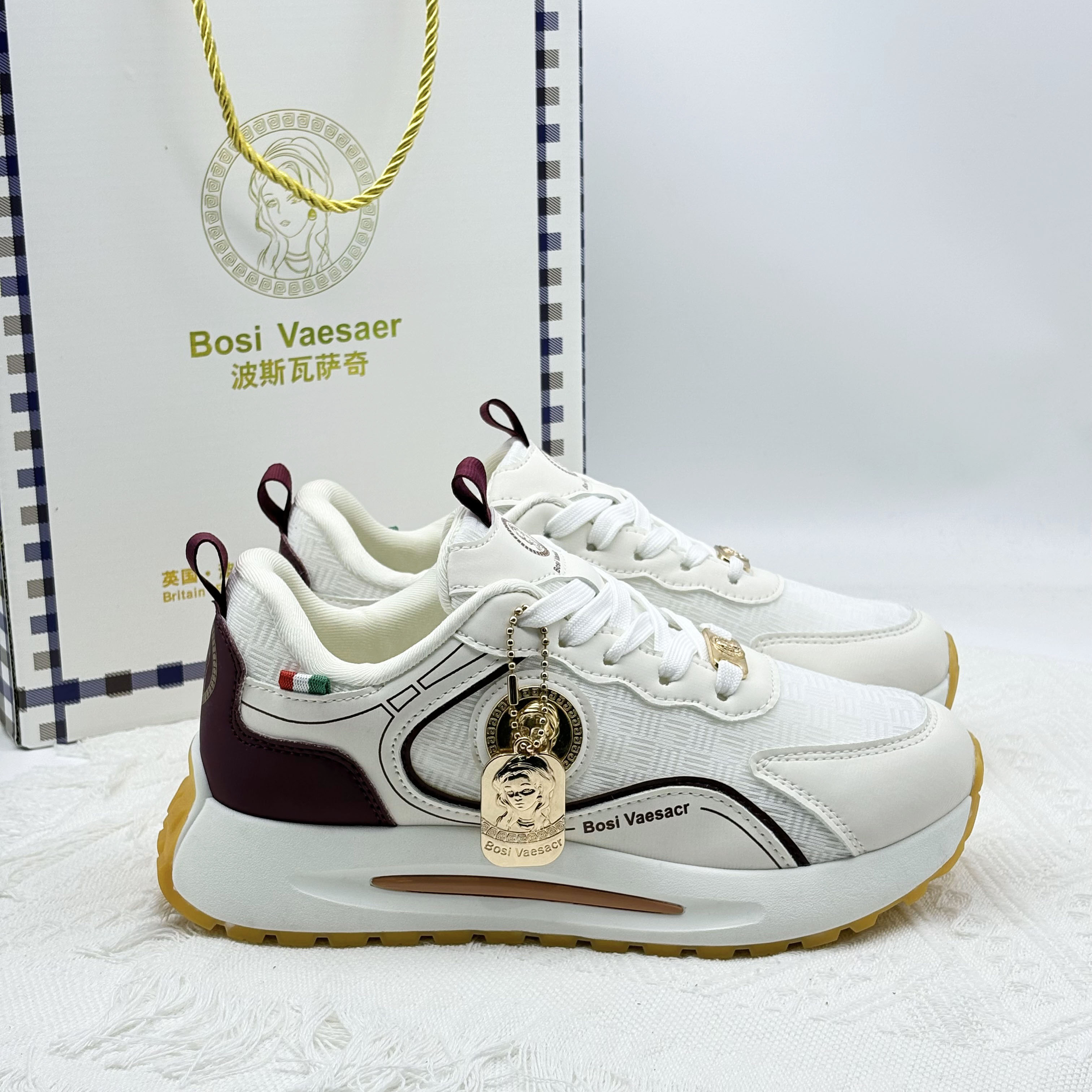 【轻奢】Bosi Vaesacr波斯瓦萨奇2025秋季酒红网面百搭轻奢时尚女鞋