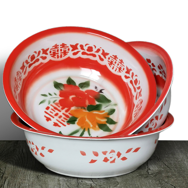 婚庆老式搪瓷盆红花双喜洗脸盆泡脚盆洗PP盆陪嫁盆洗衣大号和面盆