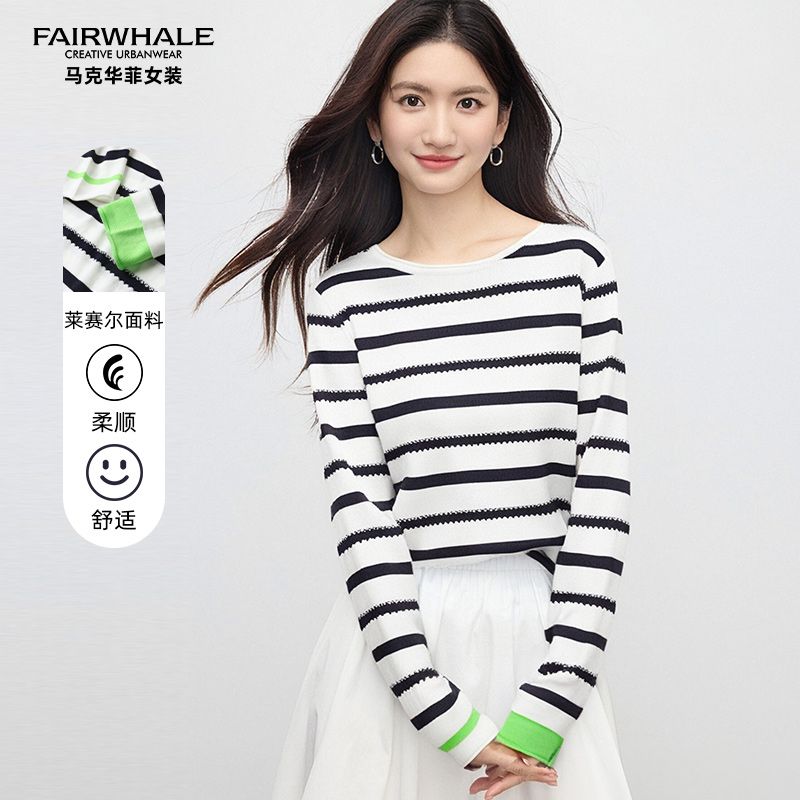 马克华菲女装时尚宽松简约条纹长袖圆领针织衫宽松上衣F53004A521
