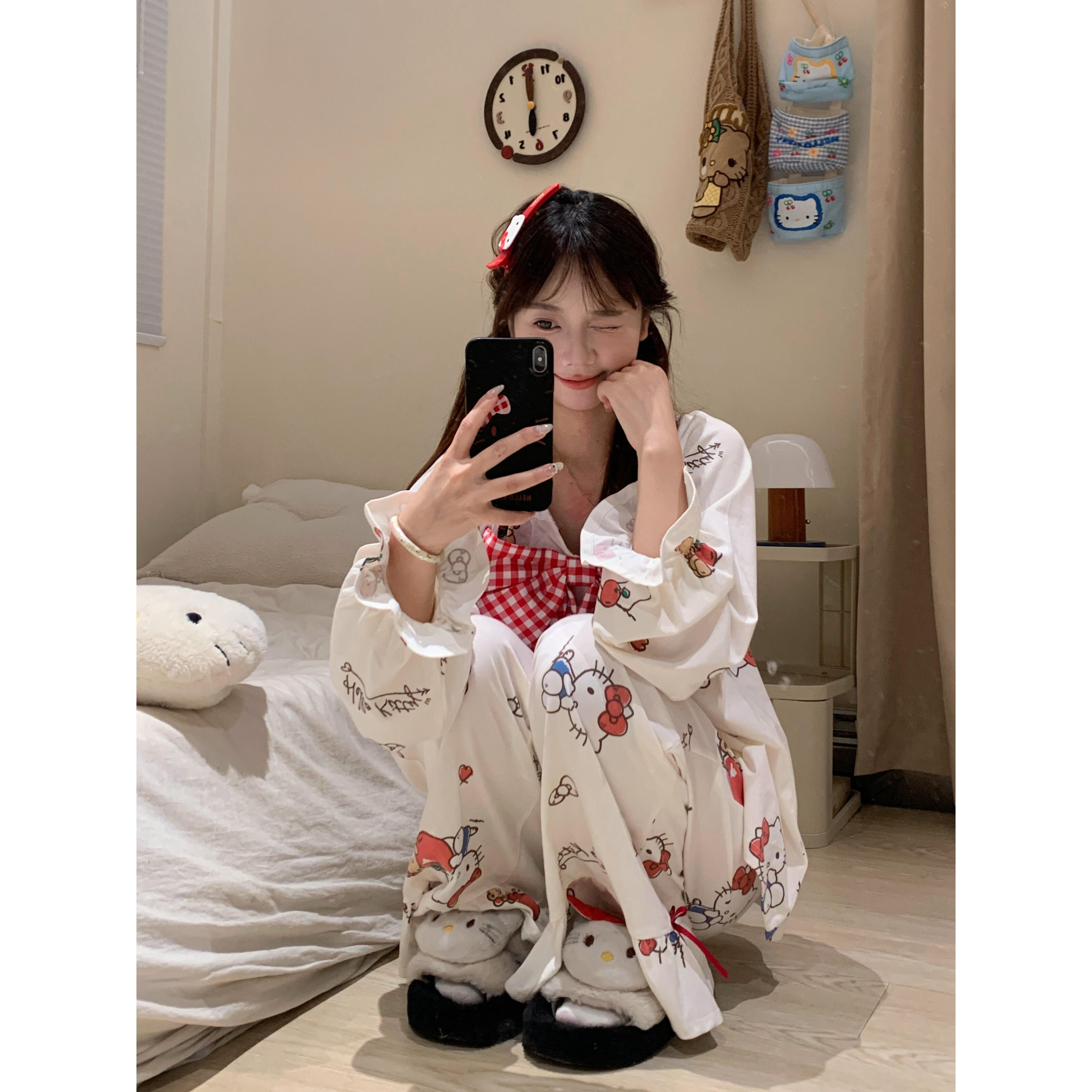 卡通可爱蝴蝶结印花睡衣女夏季甜美少女大码长袖长裤家居服两件套