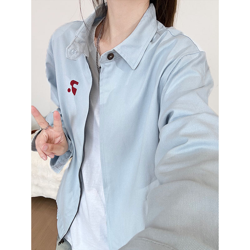 cleanfit美式天蓝色衬衫外套男秋季短款立领哈灵顿夹克翻领棒球服