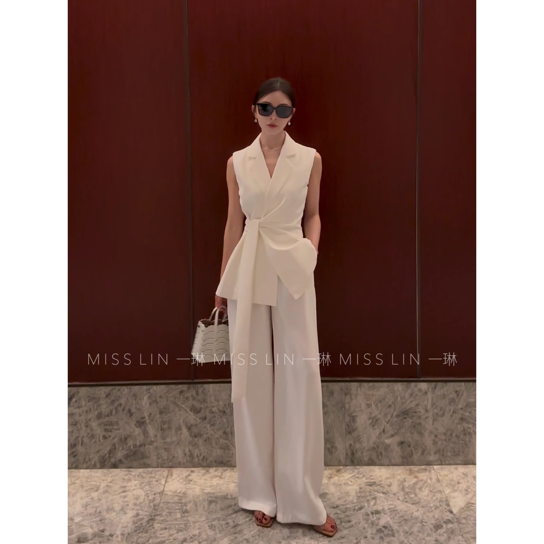 大码女装时尚套装系带收腰显瘦夏季气质薄款西装马甲直筒裤两件套