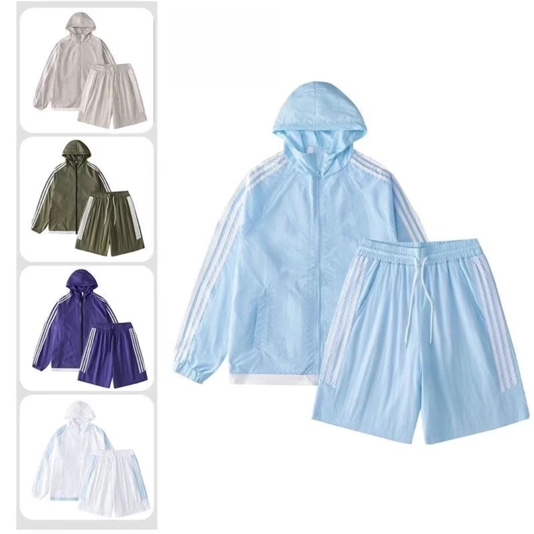 防晒衣薄款运动上衣大码五分裤男女休闲连帽三条杠户外休闲