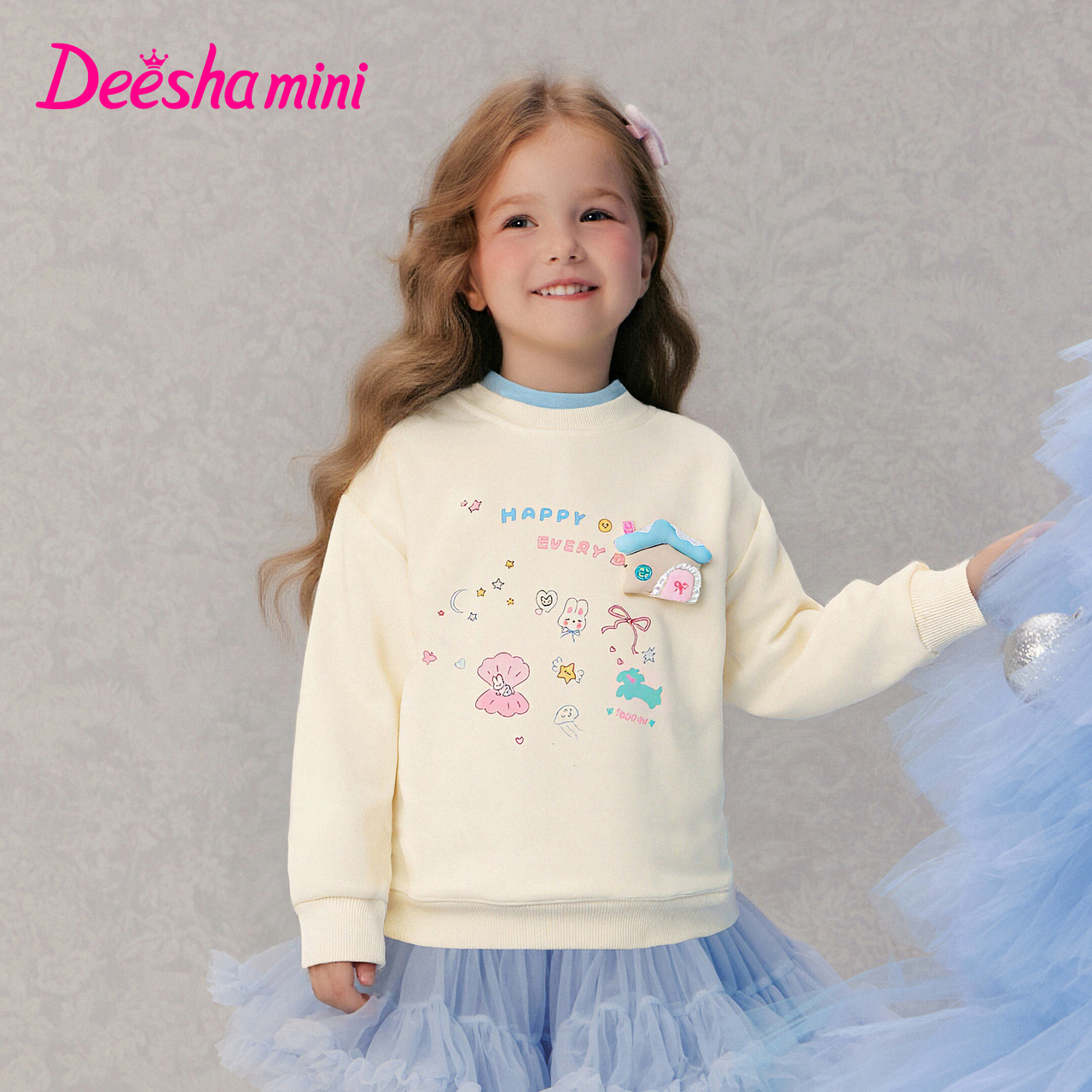 笛莎女童加绒卫衣秋冬保暖好物卡通立体图案假两件上衣-3M2552205