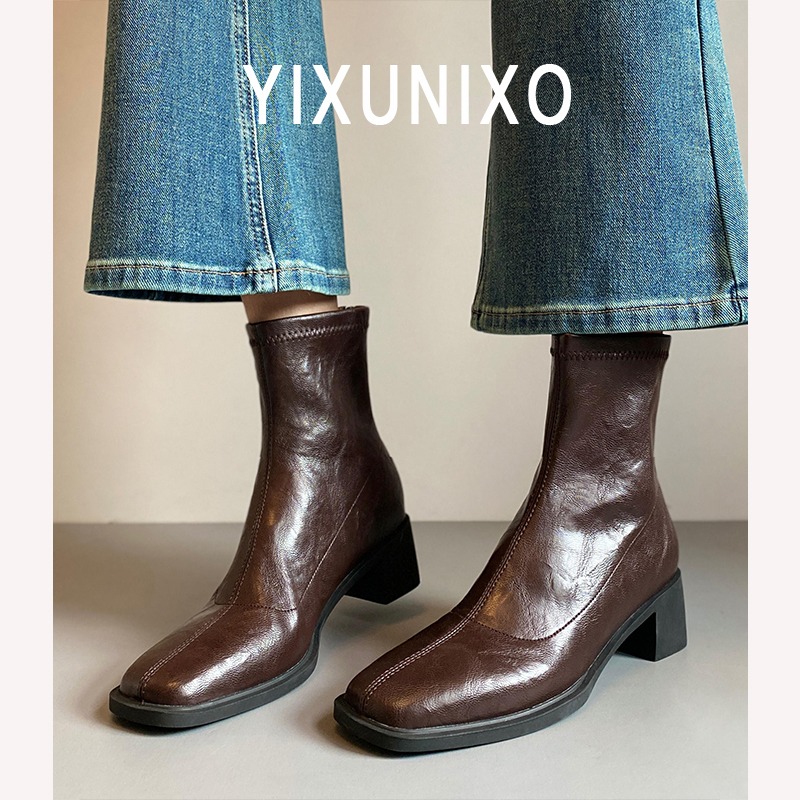 静音跟真皮高跟短靴弹力瘦瘦靴女后拉链洋气通勤百搭粗跟马丁靴女