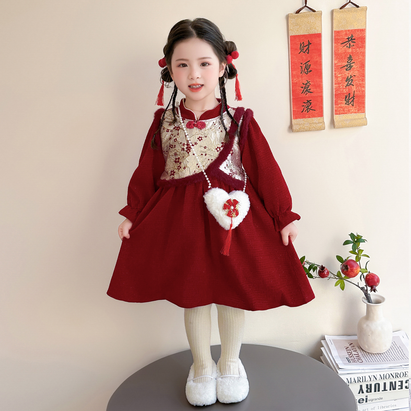 汉服女童拜年服国风连衣裙冬季儿童喜庆过年衣服宝宝红色加绒裙子