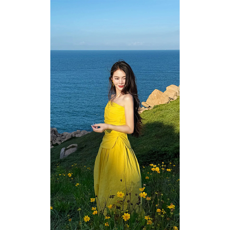 2025夏季海边穿搭女衣服抹胸背心上衣高腰百搭长裙开叉半身裙套装