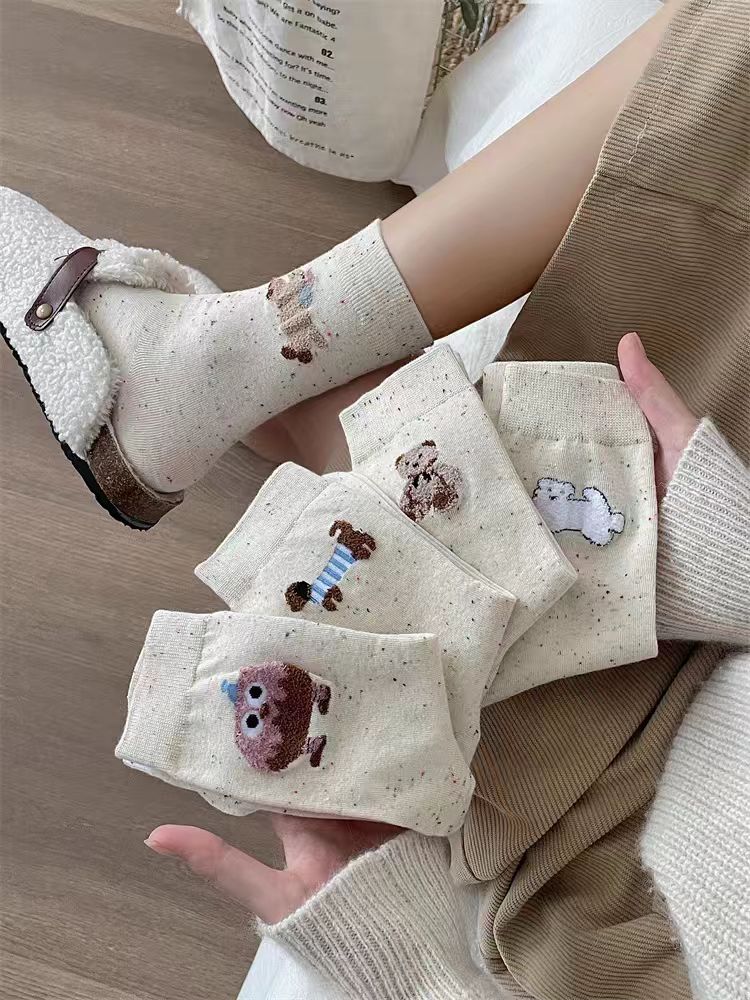 【5双装】小熊卡通学院女中筒点子纱可爱百搭ins长款袜子堆堆袜