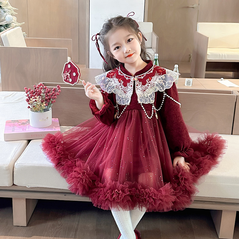 女童加绒连衣裙秋冬装儿童洋气时尚网纱裙女宝宝中国风年服公主裙
